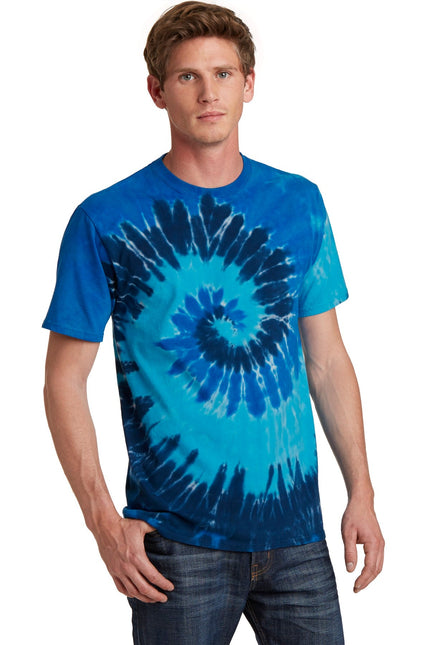 Port & Company Tie-Dye Tee in Ocean Rainbow with vibrant blue, green, and yellow tie-dye pattern on soft cotton fabric.