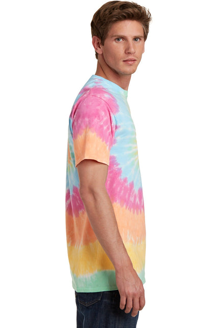Port & Company pastel rainbow tie-dye T-shirt featuring vibrant pastel colors and casual fit.