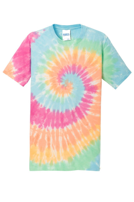Port & Company tie-dye tee in pastel rainbow colors, casual unisex shirt with a vibrant, colorful tie-dye pattern.