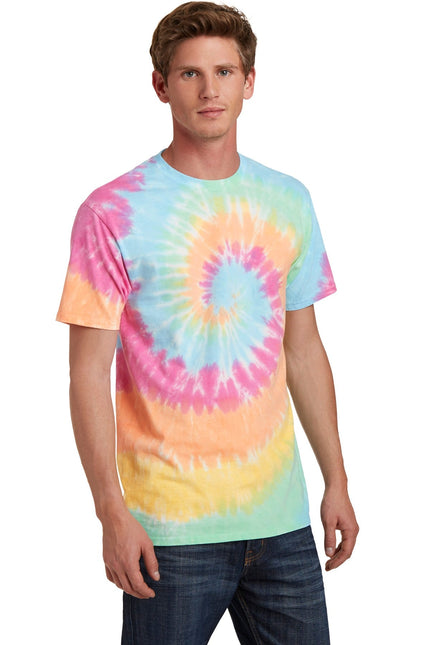 Port & Company tie-dye tee in pastel rainbow with vibrant, swirling colors and casual fit, displayed on a plain background.