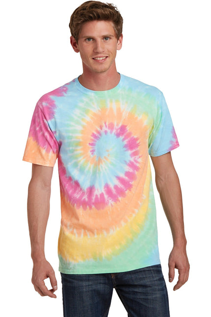 Port & Company tie-dye T-shirt in pastel rainbow colors, featuring a vibrant, multicolored tie-dye pattern on a casual tee.