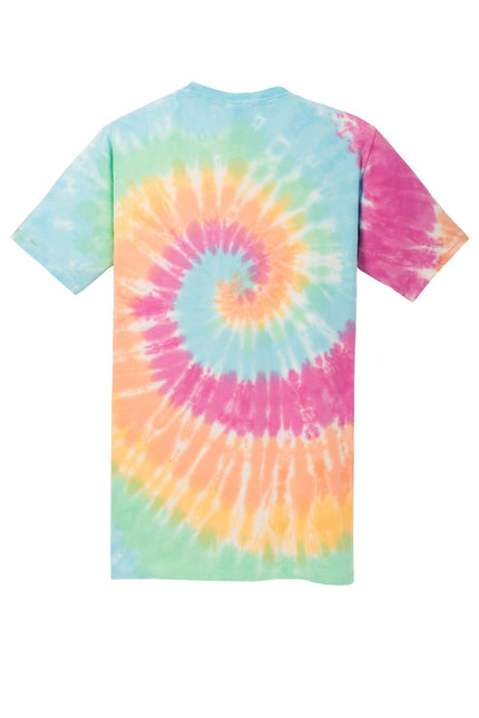 Port & Company tie-dye T-shirt in pastel rainbow with vibrant, swirling colors and soft fabric texture.