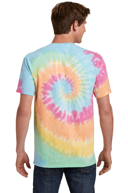 Port & Company pastel rainbow tie-dye tee, casual unisex shirt with vibrant pastel colors and unique tie-dye pattern.