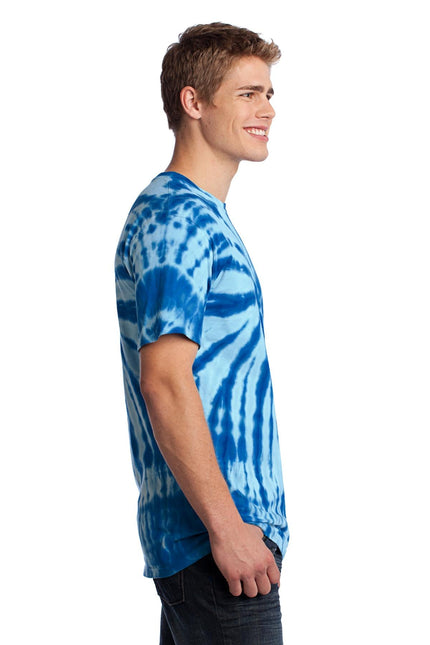 Royal Port & Company Tie-Dye Tee PC147 featuring a vibrant, colorful tie-dye pattern on soft cotton fabric.