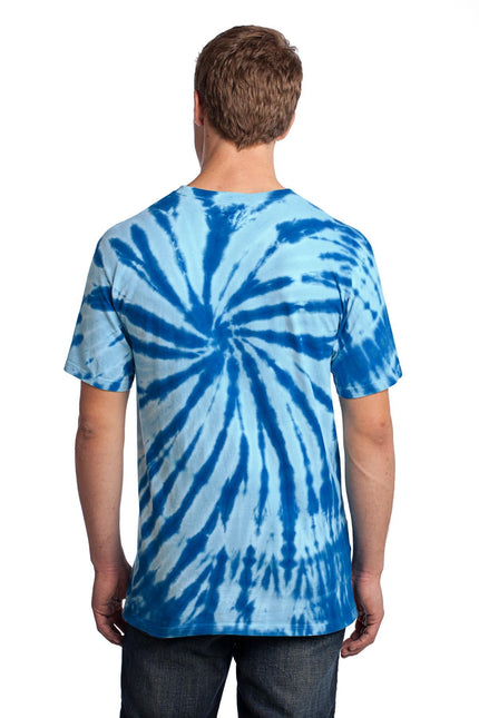 Royal Port & Company Tie-Dye Tee PC147, front view showing vibrant multicolor tie-dye pattern and classic crew neck.