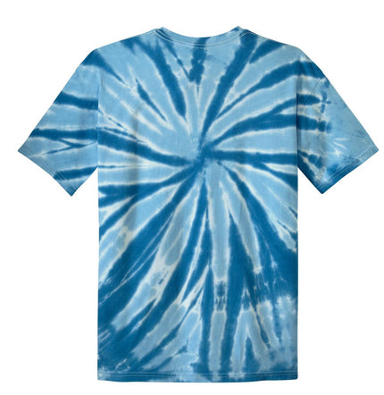 Royal Port & Company tie-dye T-shirt featuring vibrant blue and white patterns on soft cotton fabric.
