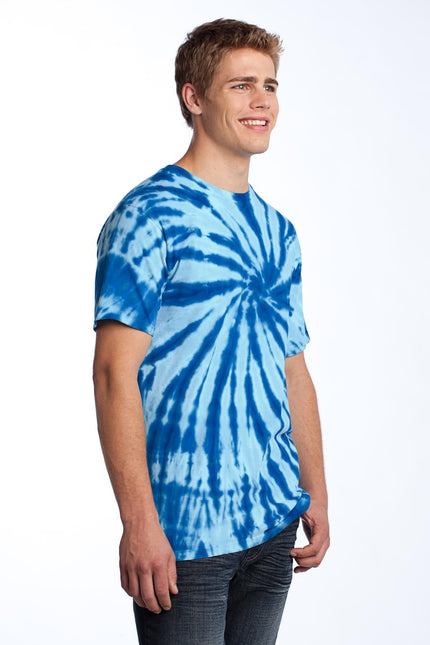 Royal Port & Company Tie-Dye Tee PC147 with vibrant, swirling tie-dye pattern and soft cotton fabric.