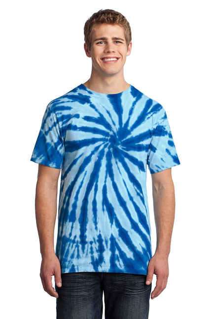 Royal Port & Company tie-dye T-shirt with vibrant blue and white swirling patterns, casual and comfortable men's T-shirt.