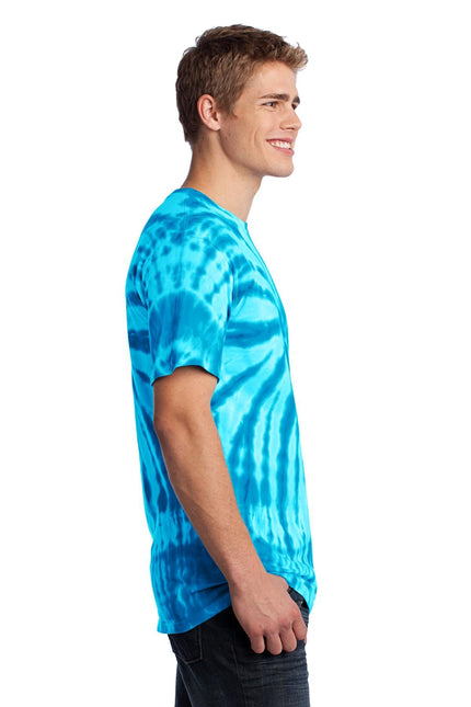 Port & Company turquoise tie-dye T-shirt, PC147, with vibrant swirling pattern and casual fit.