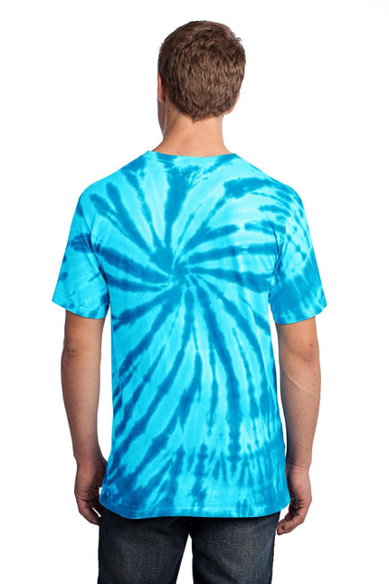 Port & Company turquoise tie-dye T-shirt, style PC147, featuring vibrant swirling patterns on soft cotton fabric.