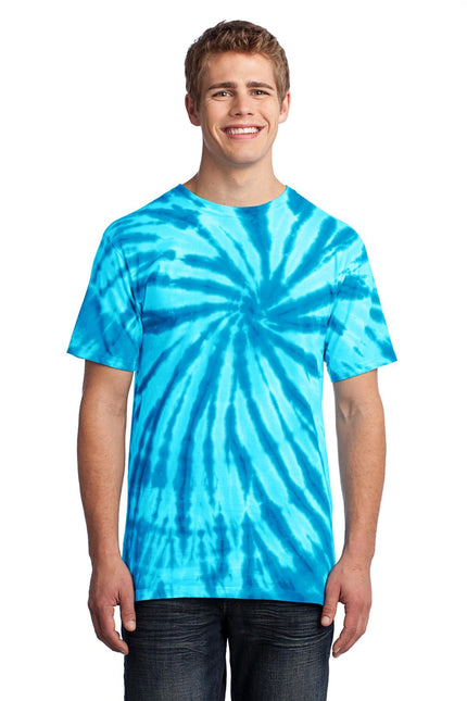 Port & Company turquoise tie-dye T-shirt, PC147 style, with vibrant turquoise and unique tie-dye pattern.