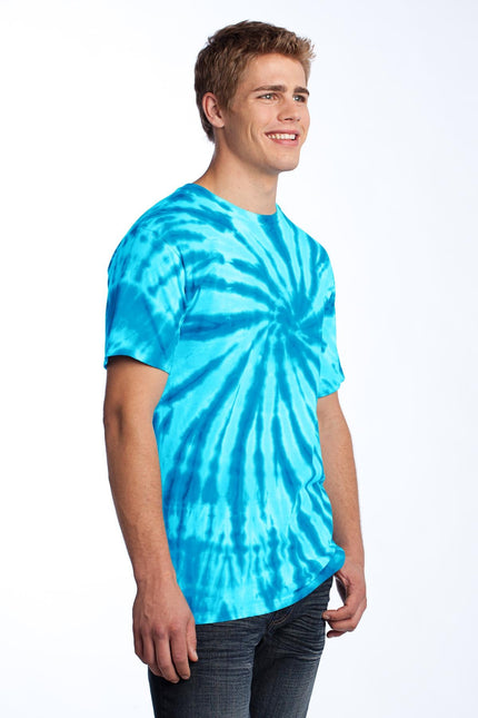 Turquoise Port & Company Tie-Dye Tee PC147 with swirling tie-dye pattern and short sleeves on a plain background.