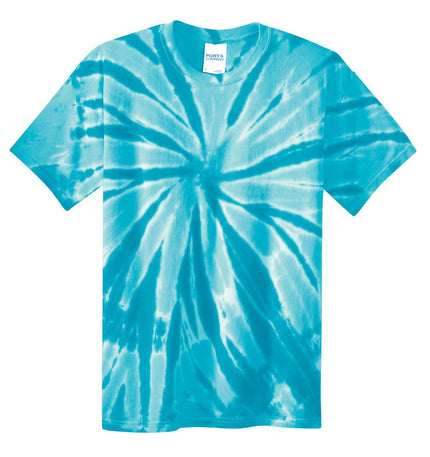 Port & Company Tie-Dye Tee in turquoise, casual short-sleeve shirt with vibrant tie-dye pattern.