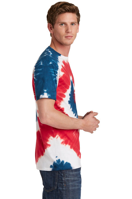 Port & Company tie-dye tee in USA Rainbow design, featuring vibrant rainbow colors and casual fit.