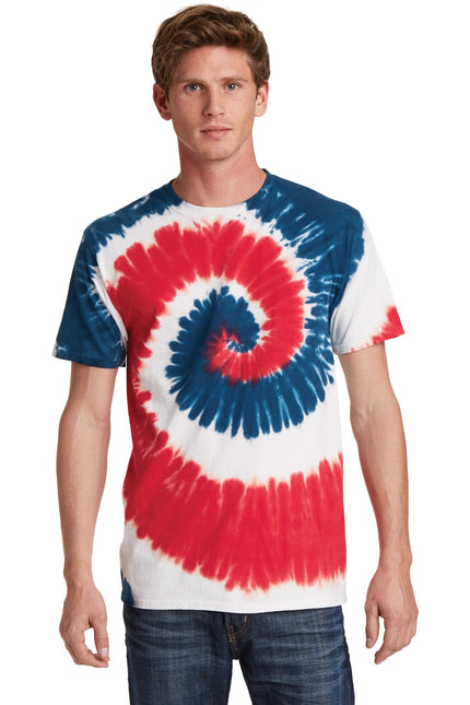Port & Company USA Rainbow Tie-Dye Tee, colorful cotton T-shirt with vibrant rainbow tie-dye pattern.