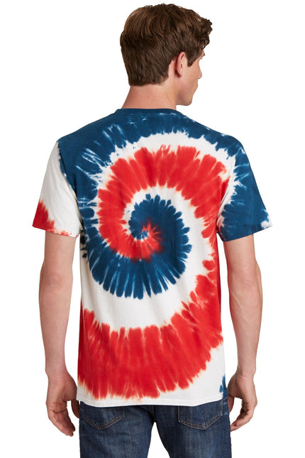 Port & Company USA Rainbow Tie-Dye Tee featuring vibrant rainbow tie-dye pattern on a casual cotton T-shirt.