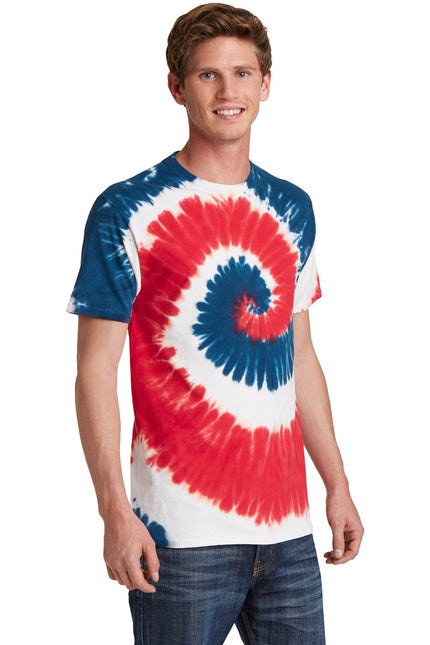 Port & Company USA Rainbow tie-dye T-shirt with vibrant rainbow colors and classic fit, featuring bold tie-dye pattern.