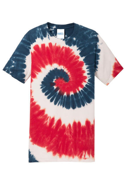 Port & Company USA Rainbow Tie-Dye Tee featuring vibrant rainbow tie-dye pattern on soft cotton fabric.