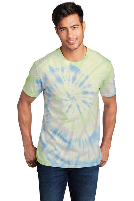 Port & Company tie-dye tee with watercolor spiral design, featuring vibrant, colorful patterns on a casual t-shirt.
