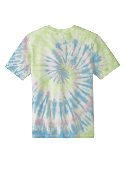 Port & Company tie-dye tee shirt with watercolor spiral design, featuring vibrant, colorful patterns on soft fabric.