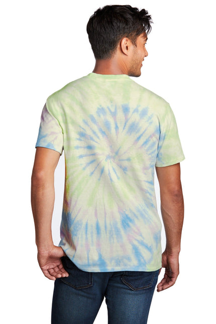 Port & Company tie-dye tee featuring a watercolor spiral design, vibrant colors, and casual fit.