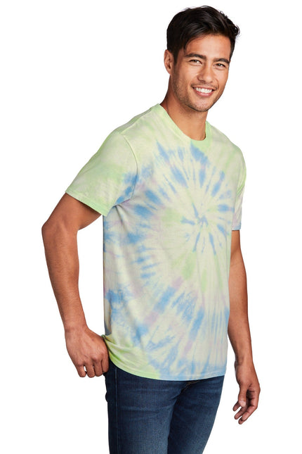 Port & Company Tie-Dye Tee with watercolor spiral design, featuring vibrant, colorful tie-dye pattern on a casual T-shirt.