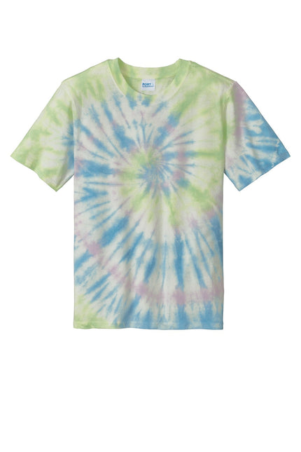 Port & Company Tie-Dye Tee PC147 with watercolor spiral design, showcasing vibrant, colorful tie-dye pattern on a casual t-shirt.