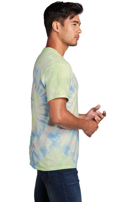 Port & Company tie-dye tee with watercolor spiral design, casual cotton shirt in vibrant, colorful tie-dye pattern.