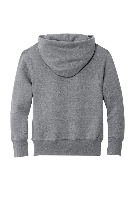 Youth Port & Company athletic heather fleece pullover hoodie with front pocket and drawstring hood.