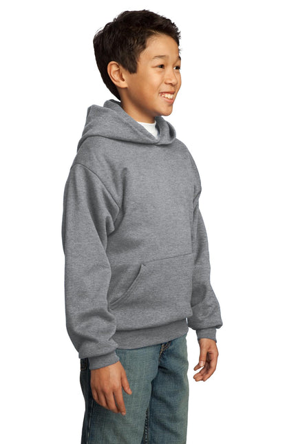 Youth Port & Company athletic Heather fleece pullover hoodie, front view showing hood, cuffs, and soft fabric texture.