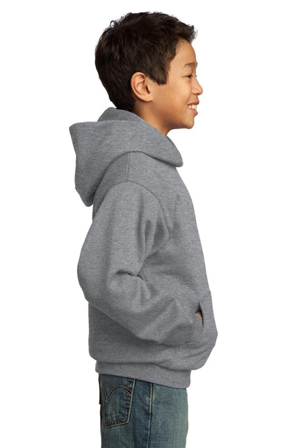 Youth Port & Company athletic heather fleece pullover hoodie, front view showing hood and pullover style.
