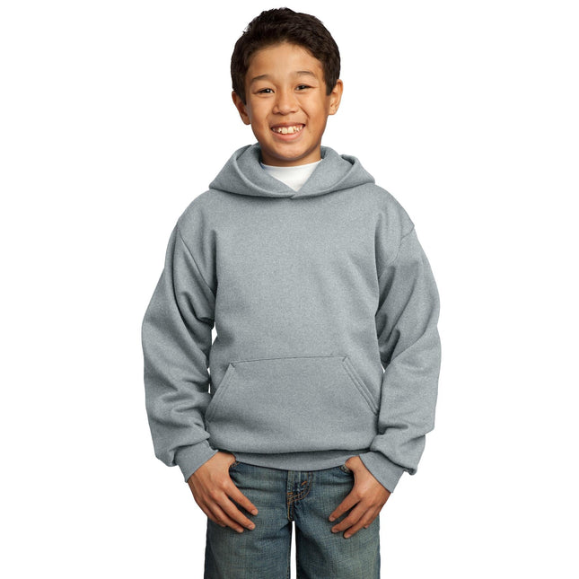 Youth Port & Company fleece pullover hoodie in athletic heather, featuring hood and front pocket for casual comfort.