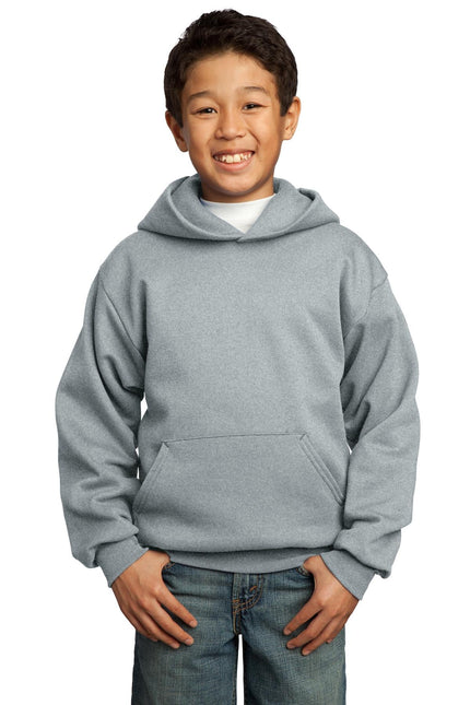 Youth Port & Company fleece pullover hoodie in athletic heather, featuring hood and front pocket for casual comfort.