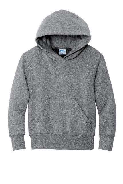Youth Port & Company athletic heather fleece pullover hoodie, front view showing hood and soft fabric.