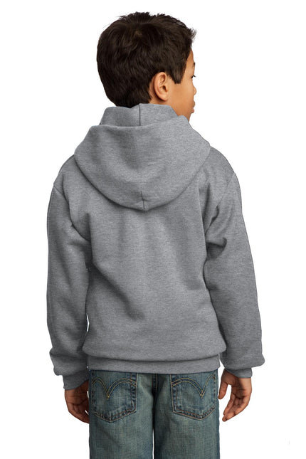 Youth Port & Company athletic heather fleece pullover hoodie, front view showing hood and soft fabric texture.