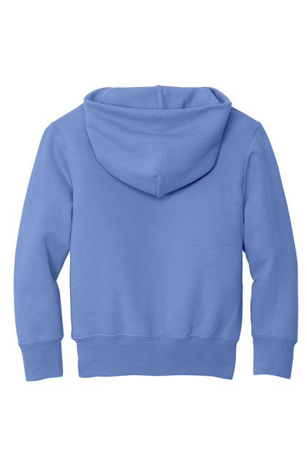 Youth Port & Company Carolina Blue fleece pullover hoodie with front pocket and drawstring hood, casual and comfortable.