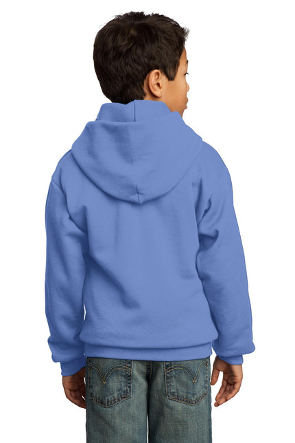 Youth Port & Company Carolina Blue fleece pullover hoodie with front kangaroo pocket and drawstring hood.