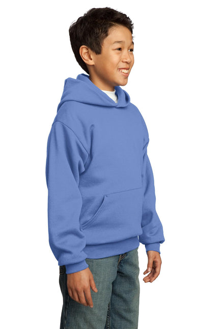Youth Port & Company Core Fleece Pullover Hoodie in Carolina Blue, front view showing soft fleece fabric and hood.