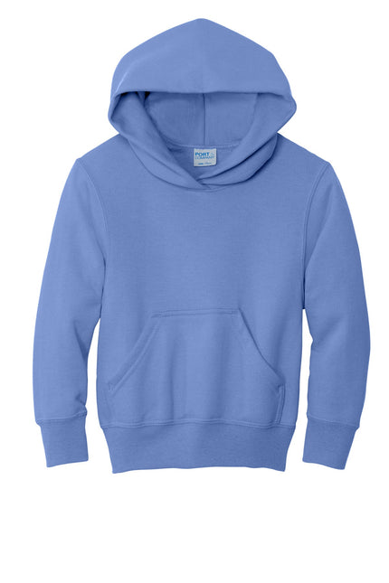 Youth Port & Company Carolina Blue fleece pullover hoodie, core fleece sweatshirt with hood and front pocket.