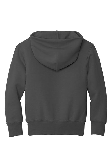 Youth Port & Company charcoal fleece pullover hoodie, core fleece sweatshirt with hood, front pocket, and adjustable drawstrings.