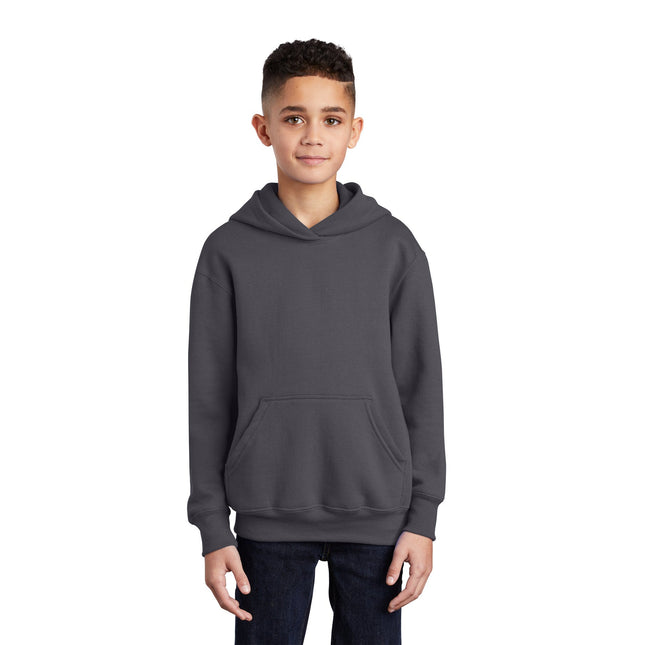 Youth Port & Company charcoal fleece pullover hoodie, soft hooded sweatshirt for kids with front pocket and drawstrings.