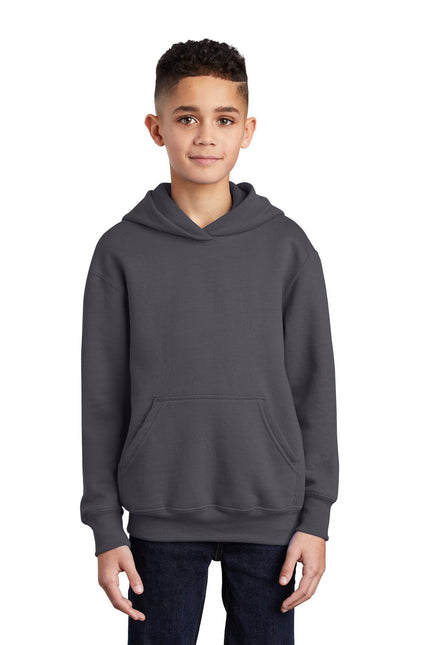 Youth Port & Company charcoal fleece pullover hoodie, soft hooded sweatshirt for kids with front pocket and drawstrings.