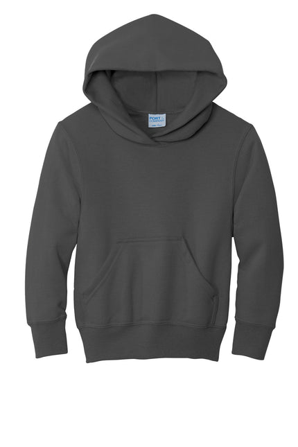 Youth Port & Company charcoal fleece pullover hoodie with drawstrings and front pocket, comfortable and casual for everyday wear.