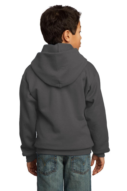 Youth Port & Company charcoal fleece pullover hoodie with front pocket and drawstring hood, made for comfort and warmth.