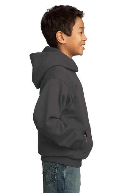 Youth Port & Company charcoal fleece pullover hoodie, core fleece sweatshirt with hood and front pocket, casual and comfortable.