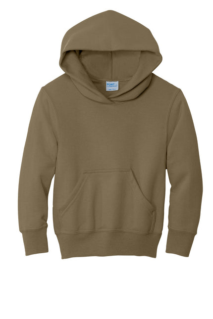 Youth Port & Company Coyote Brown fleece pullover hoodie, cozy core sweatshirt with hood and front pocket.