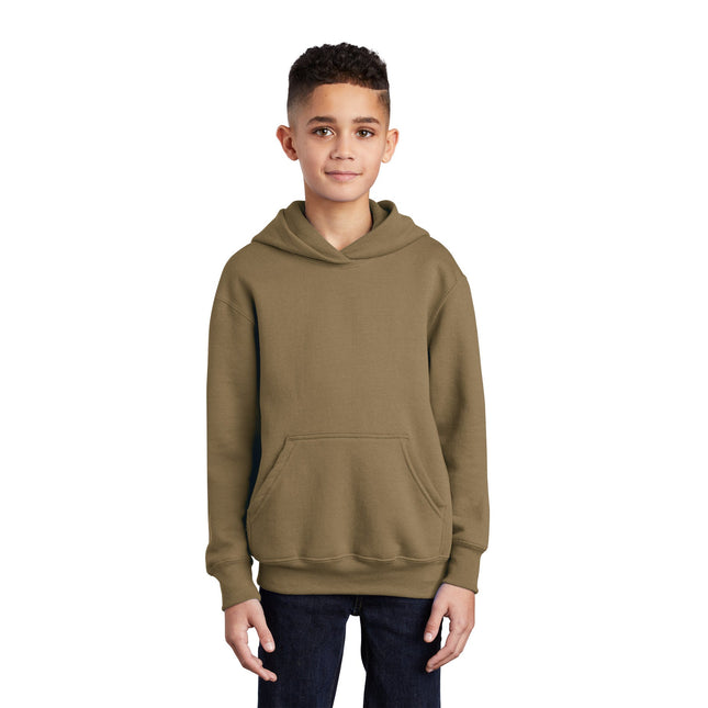 Youth Port & Company Coyote Brown fleece pullover hoodie, soft core fleece sweatshirt, hooded and comfortable for kids.