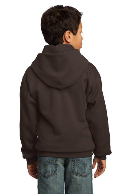Youth Port & Company dark chocolate brown fleece pullover hoodie with front pocket and drawstring hood.