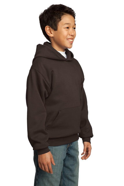 Youth Port & Company dark chocolate brown fleece pullover hoodie, soft fleece, with hood and front pocket, casual and comfortable.