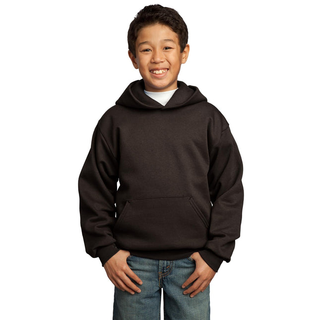 Youth Port & Company dark chocolate brown fleece pullover hoodie, cozy hooded sweatshirt for kids.